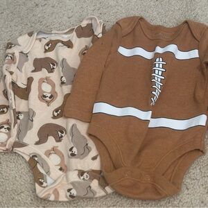 Old Navy Brown and Cream Sloth and Football Bodysuits
